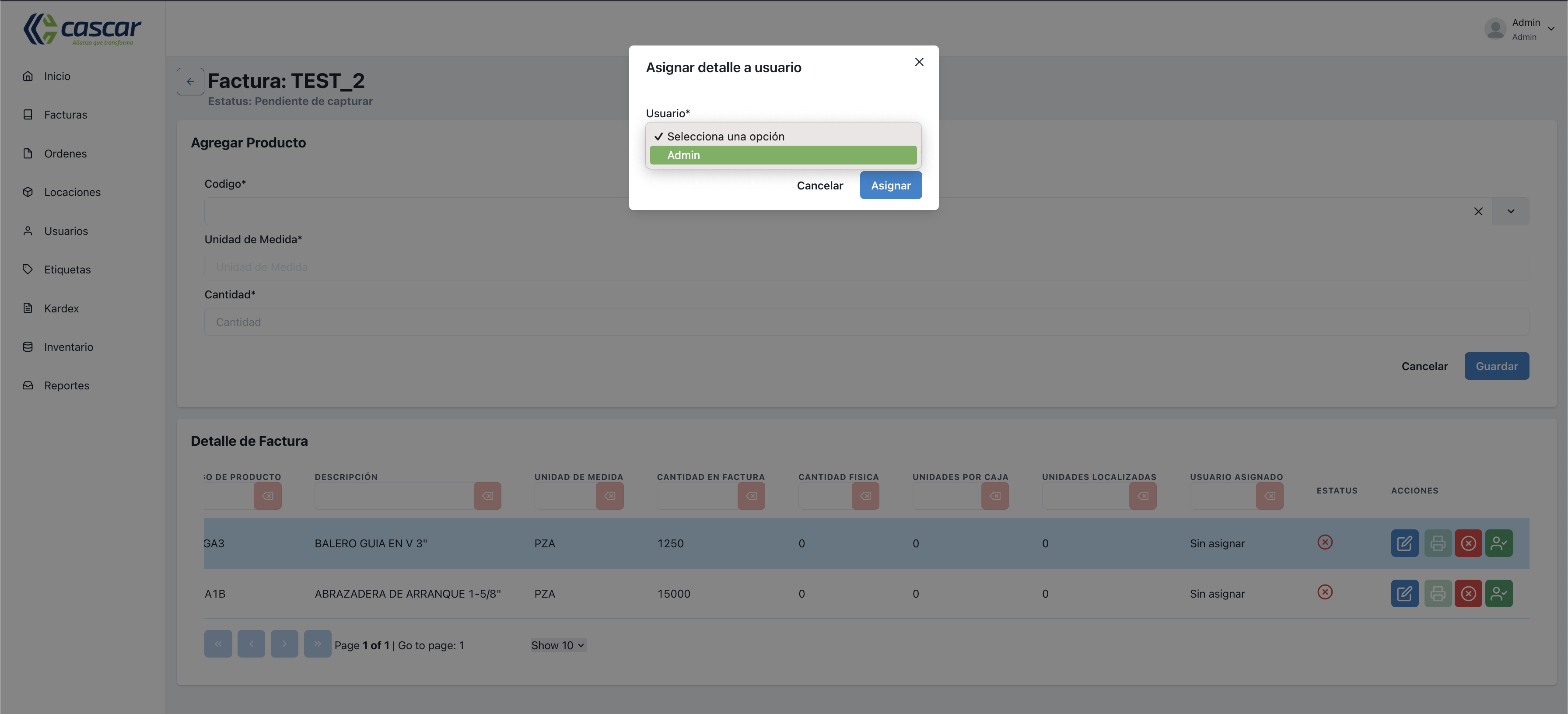 cascar create invoice assign user